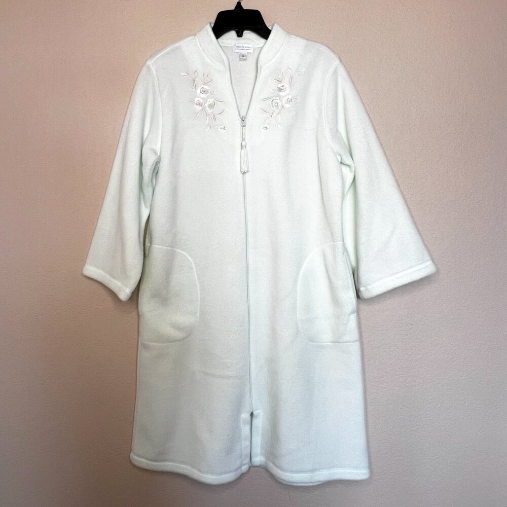 Miss Elaine Fleece Zip Front Robe Mint Green Embroidered Housecoat Duster M